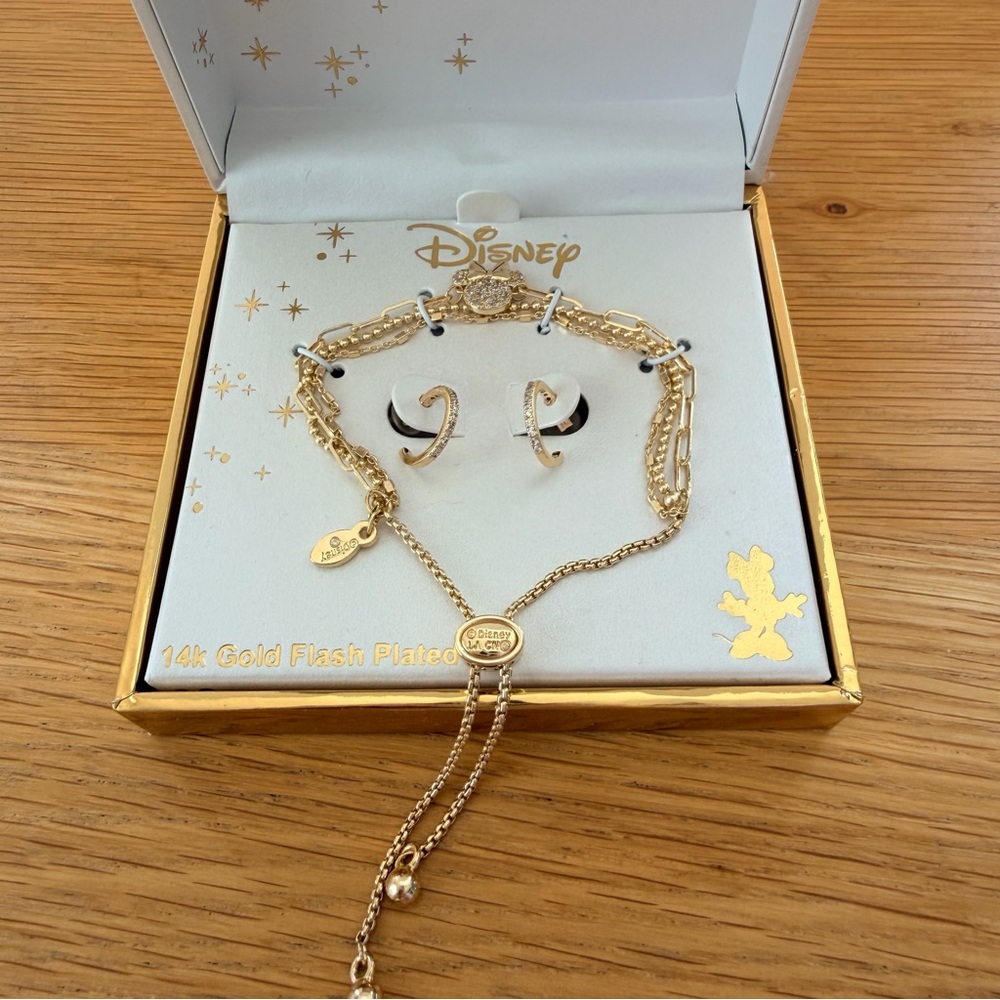 Disney Gold Bracelet and earring Set Minnie Lego with crystals net